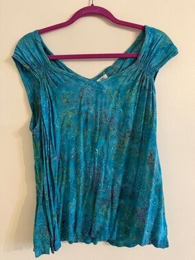 Teal Floral Cap-Sleeve V-Neck Tank Top